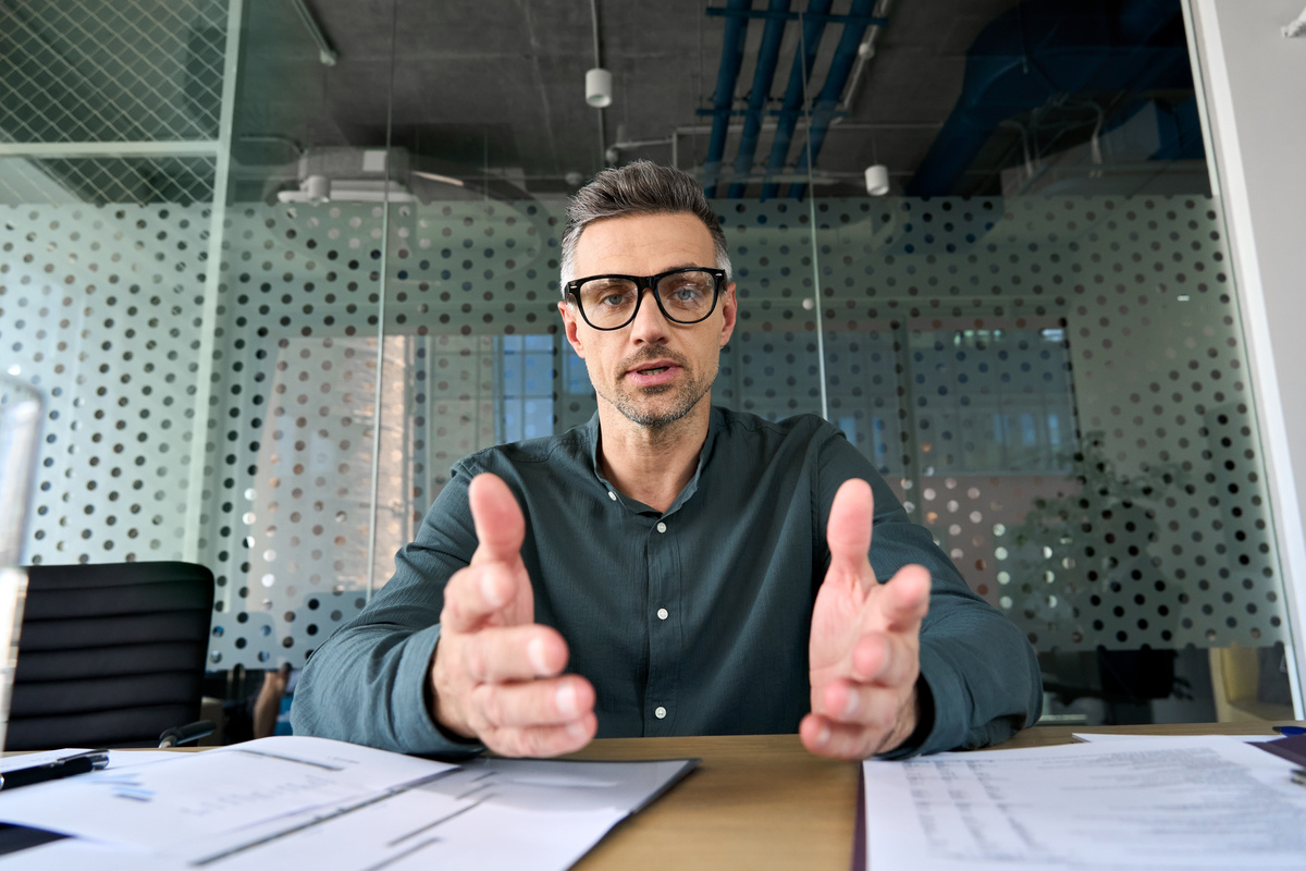 Businessman Talking to Web Camera on Virtual Video Call 